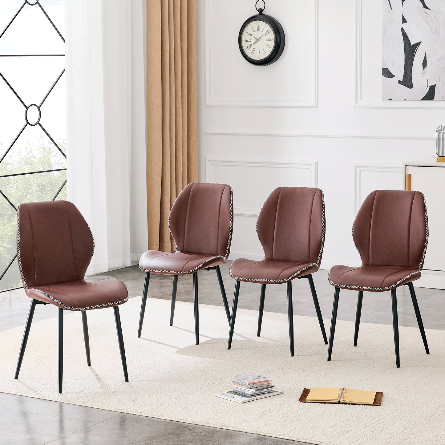 4-Pack Reddish-Brown PU Leather Dining Chairs with Metal Legs