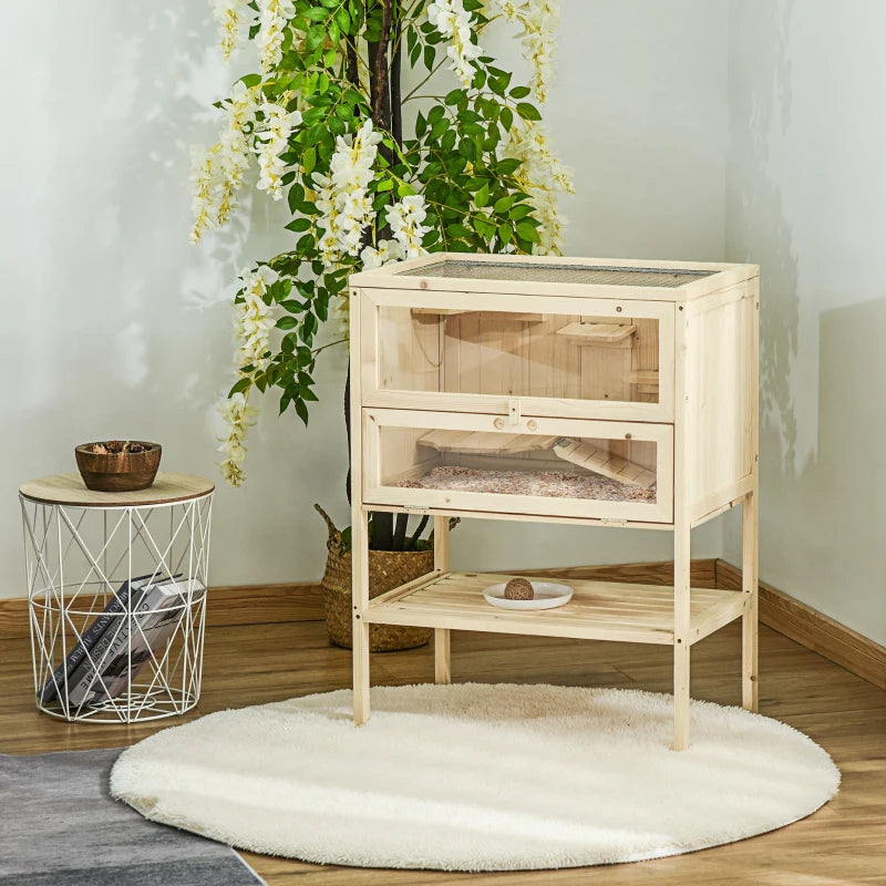 3-Tier Wooden Hamster Cage with Openable Top & Shelves - Natural Wood Small Animal Habitat