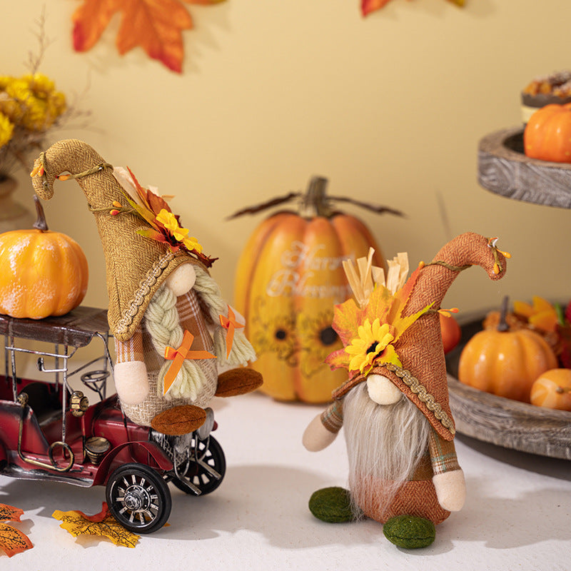 Thanksgiving Decor Standing Faceless Doll Ornaments Harvest Season Maple Leaf Sunflower