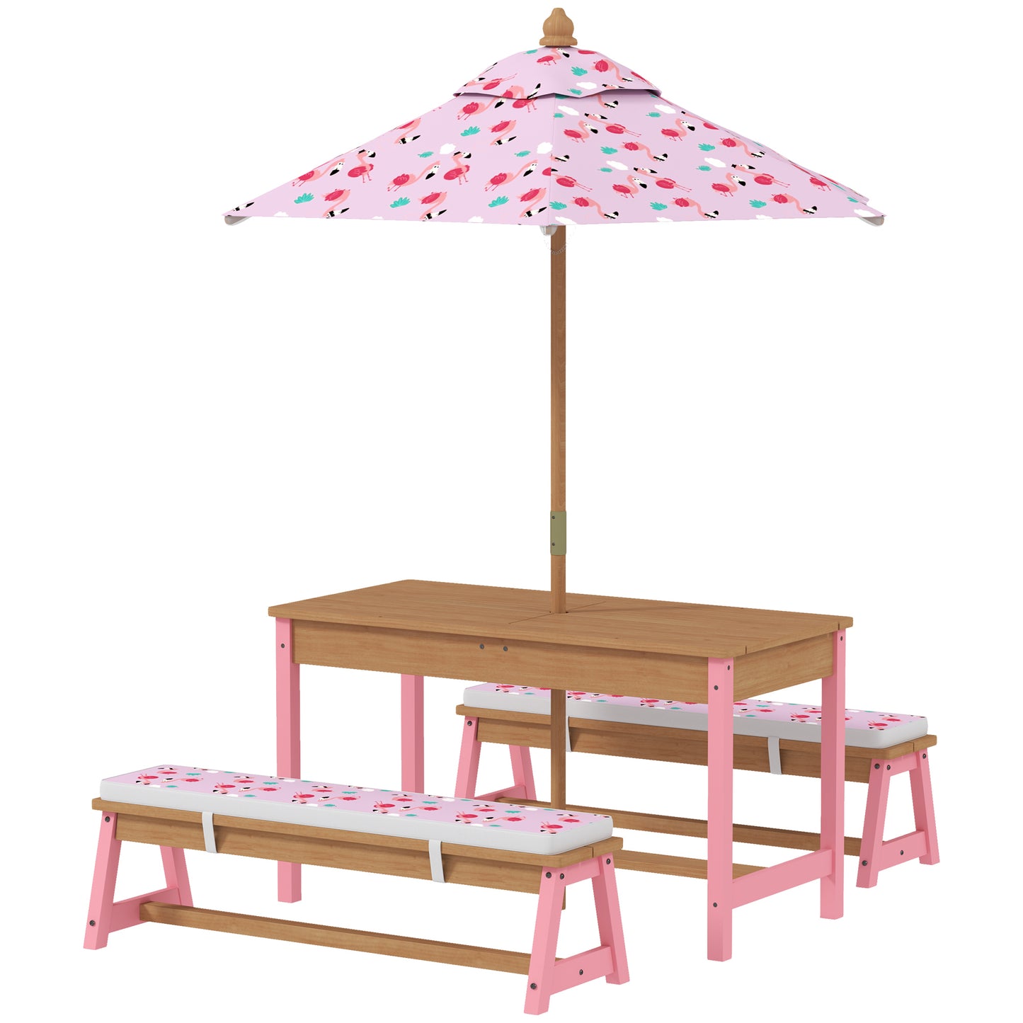 Kids Picnic Table Set with Umbrella & Removable Cushions - Pink Flamingo