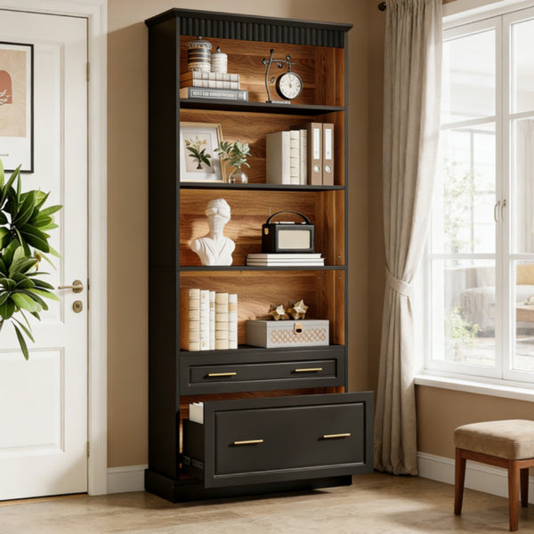 Tall White Bookshelf with Drawers - Modern Home Office Storage