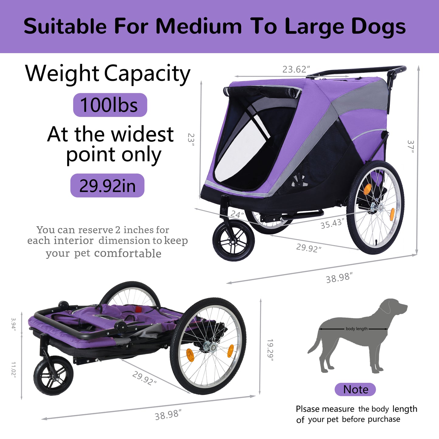 2-in-1 Pet Bike Trailer & Push Cart with Detachable Hitch - Holds Up to 100 lbs