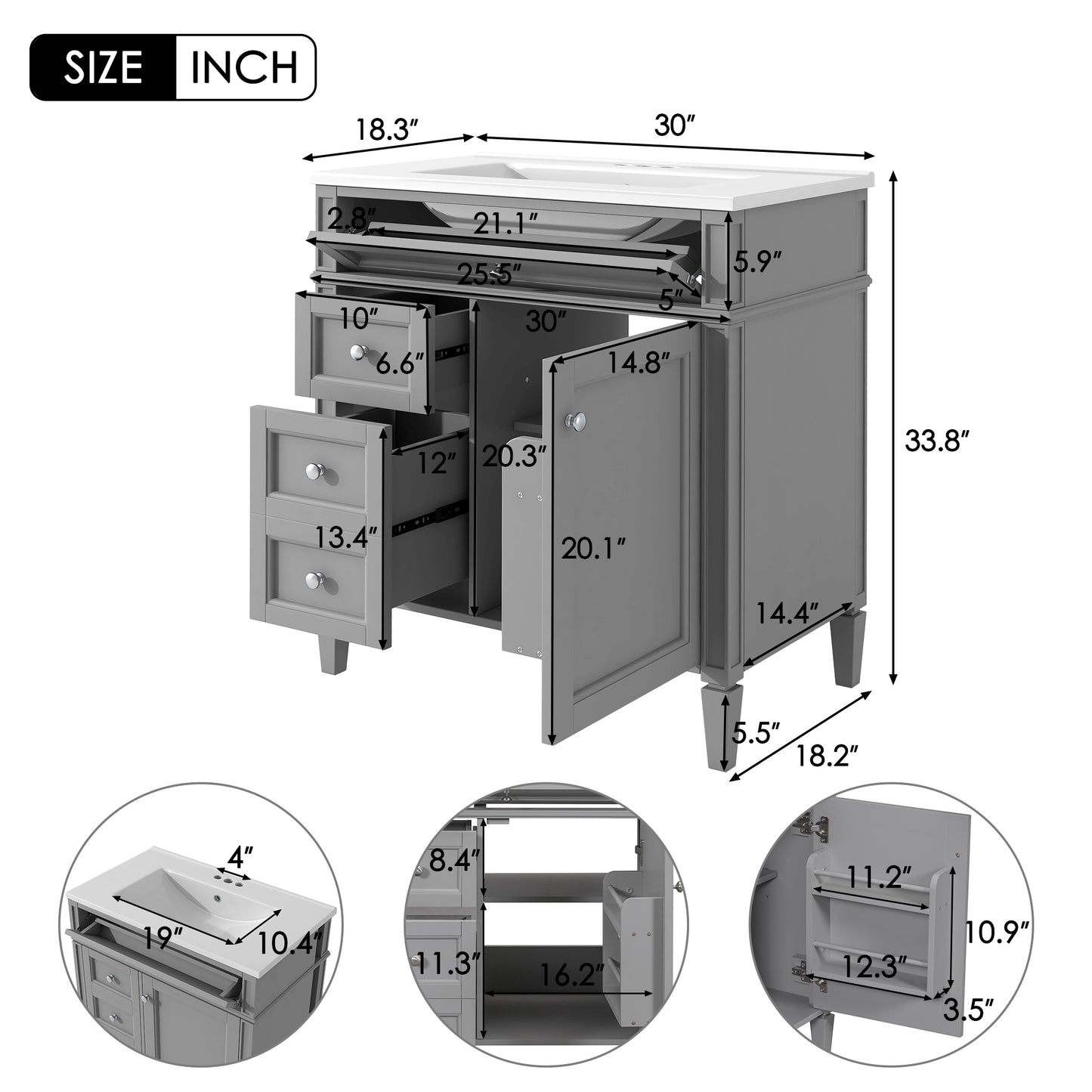 30'' Modern Bathroom Vanity with Sink & 3 Drawers - Grey
