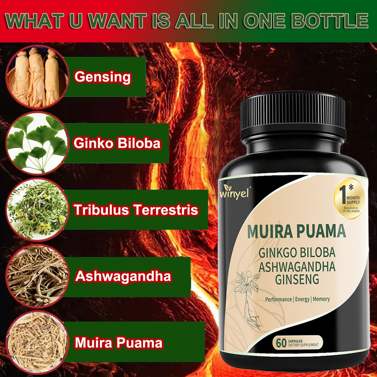 Herbal Supplement Blend - Muira Puama, Ginseng, Ashwagandha - 60 Capsules