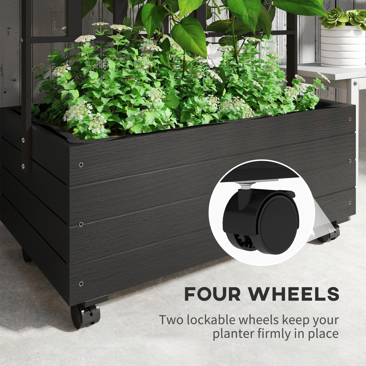 Raised Garden Bed With Trellis And Wheels, Outdoor Planter Wooden