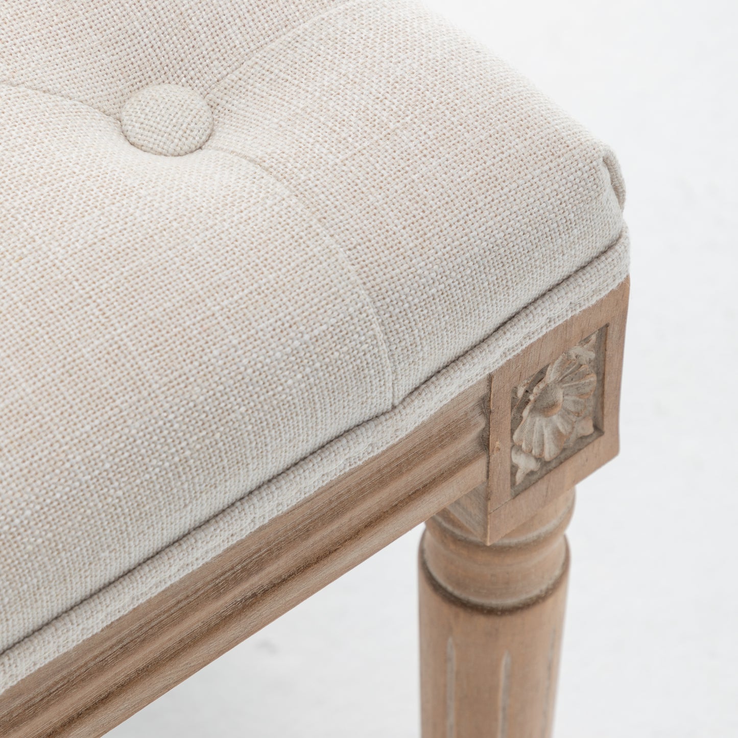 Tufted Vanity Stool with Linen Upholstery and Solid Wood Legs - Beige