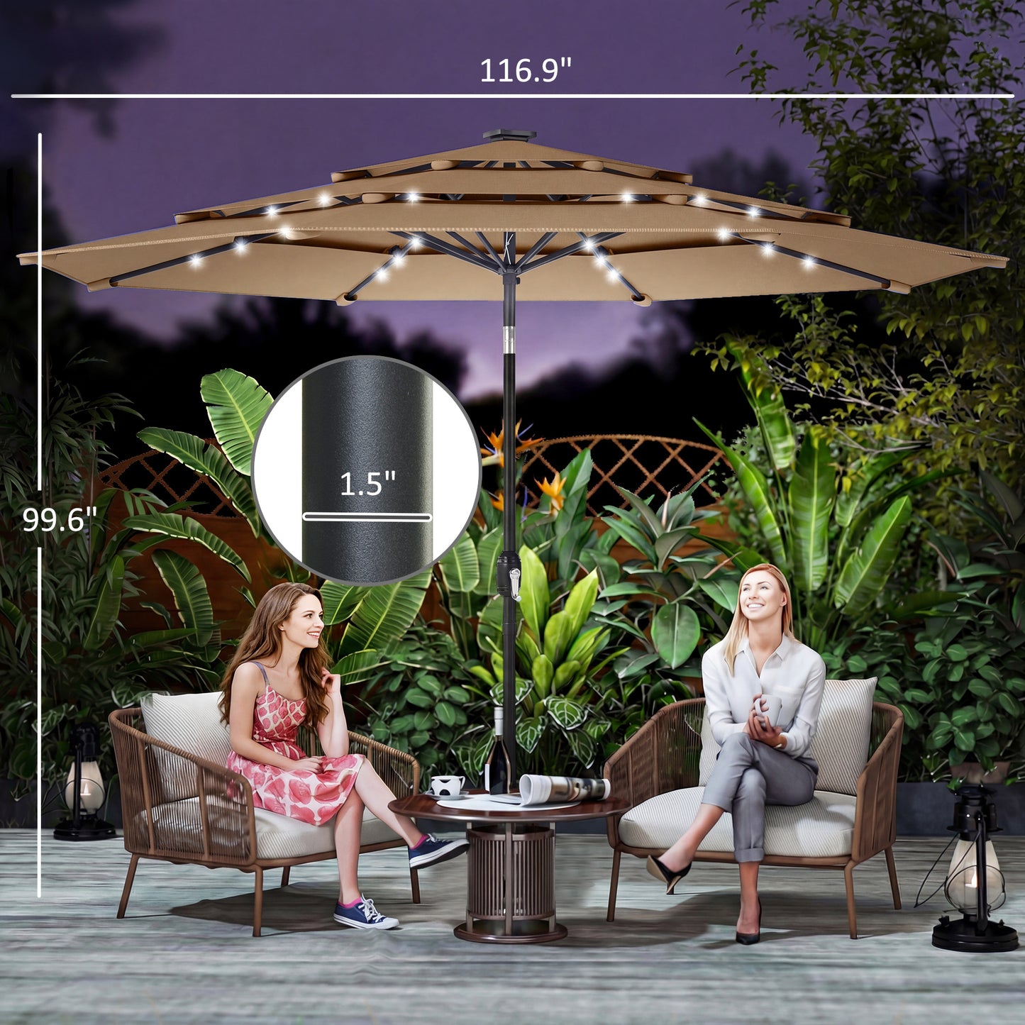 9.7 ft Outdoor Patio Umbrella with Solar LED Lights - Khaki