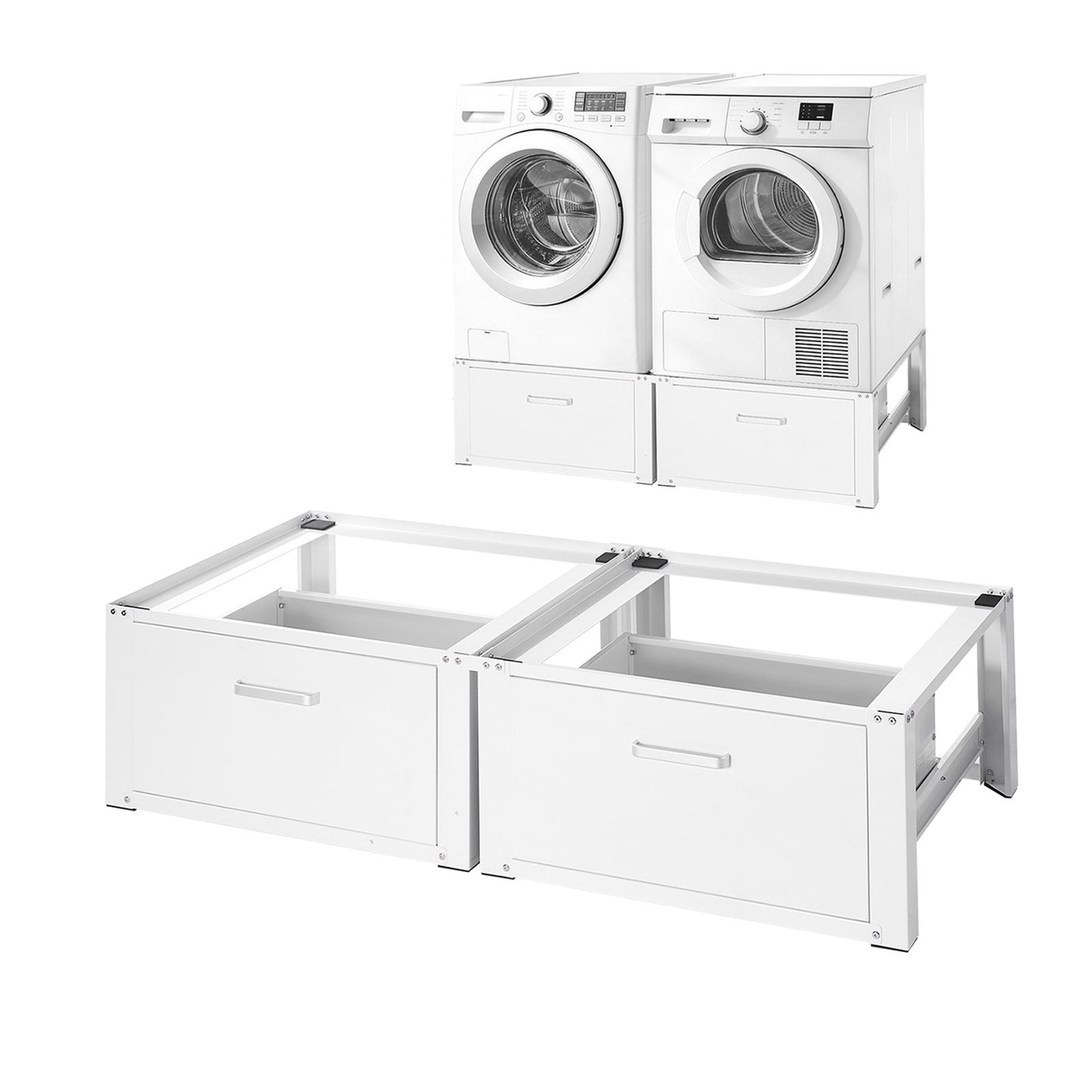Laundry Pedestal with Drawer - 14 Inch Heavy-Duty Steel Stand for Washer & Dryer, White, 2 Pack