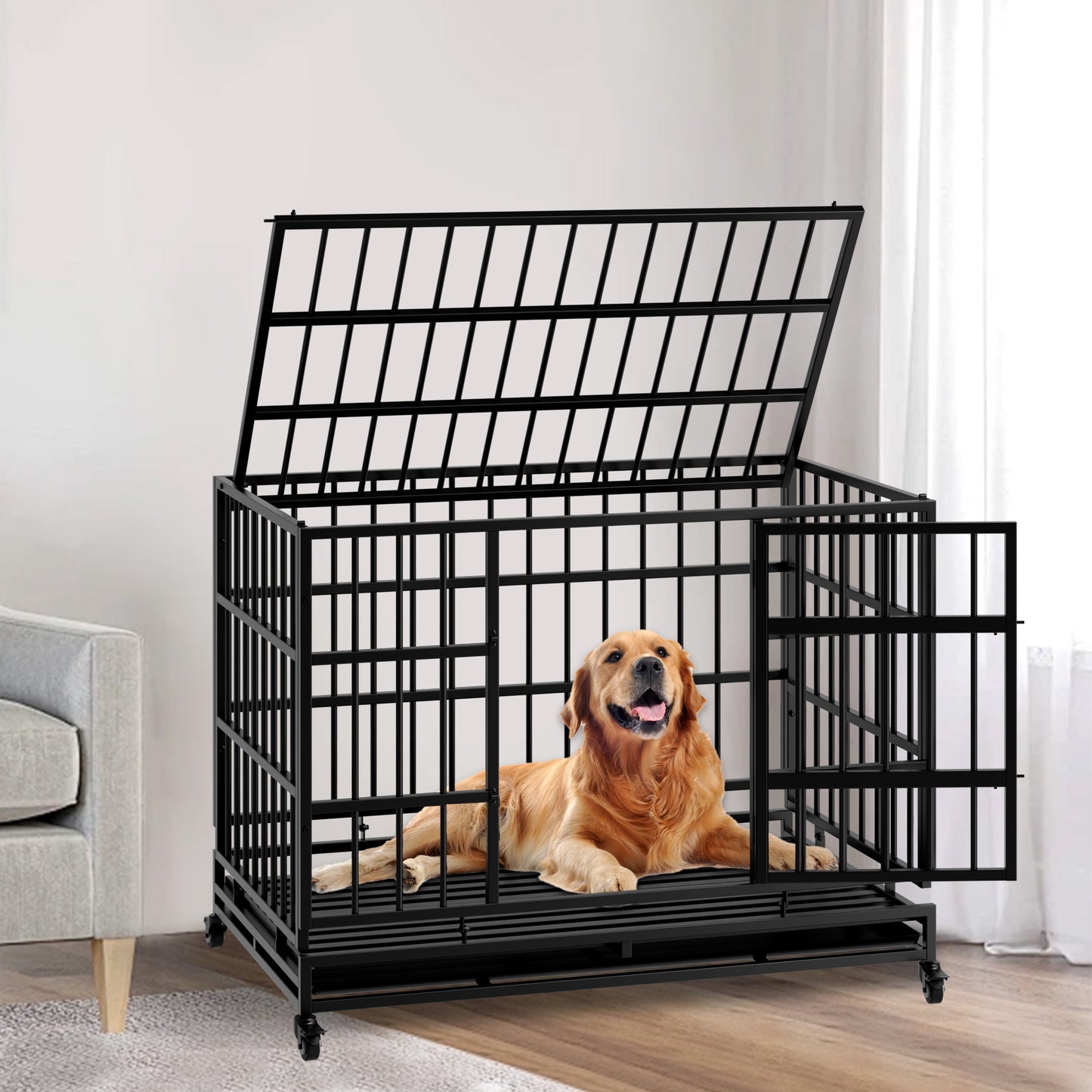 48 Inch Heavy Duty Dog Crate with Wheels - Metal Cage for Large & Medium Dogs