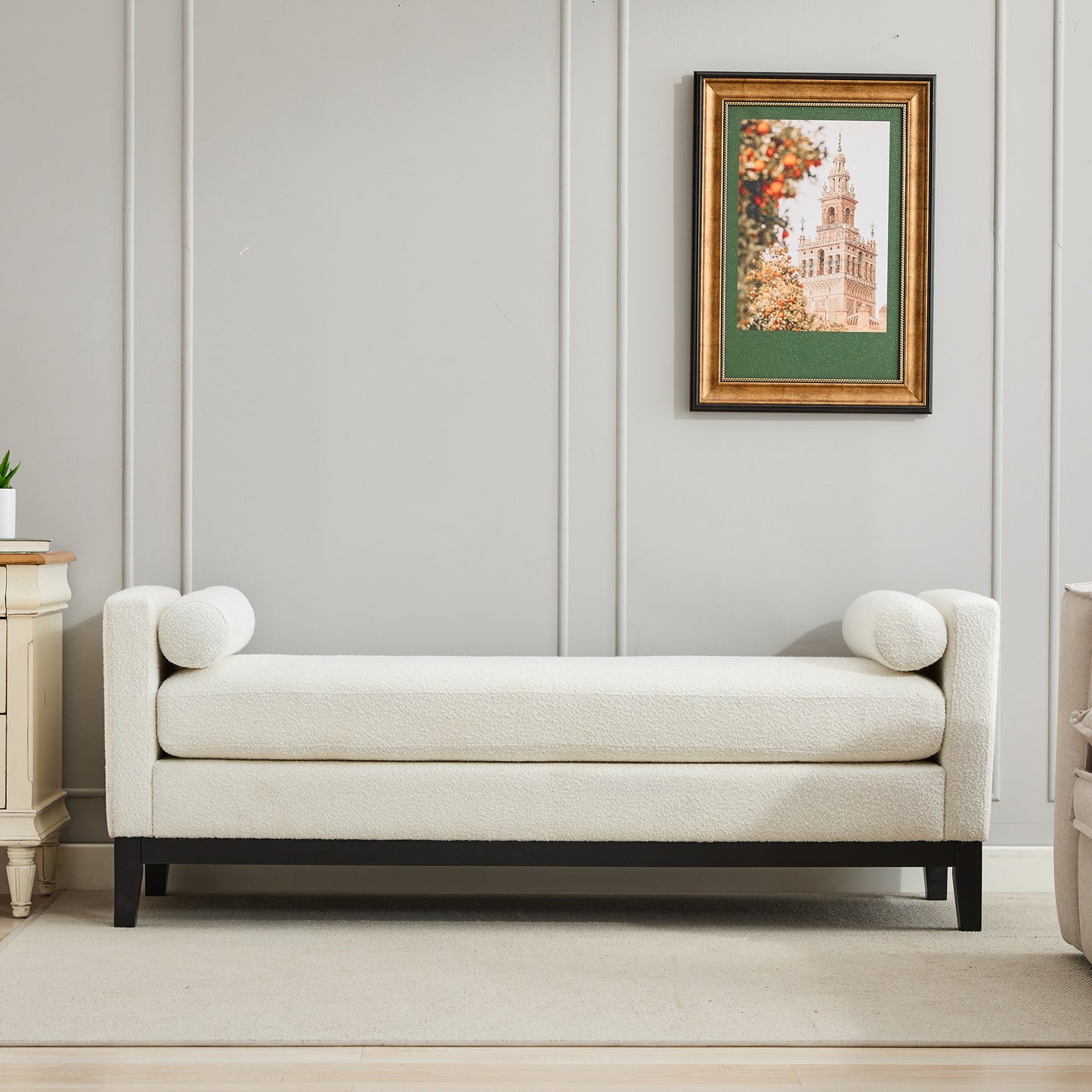 66.34" Upholstered End of Bed Bench - Ivory Boucle with Wood Frame
