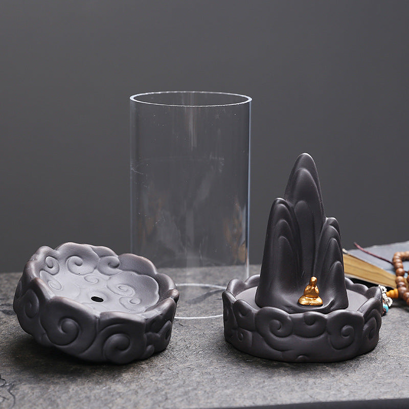 Backflow Incense Burner with Clouds Design - Gray Ceramic & Sand