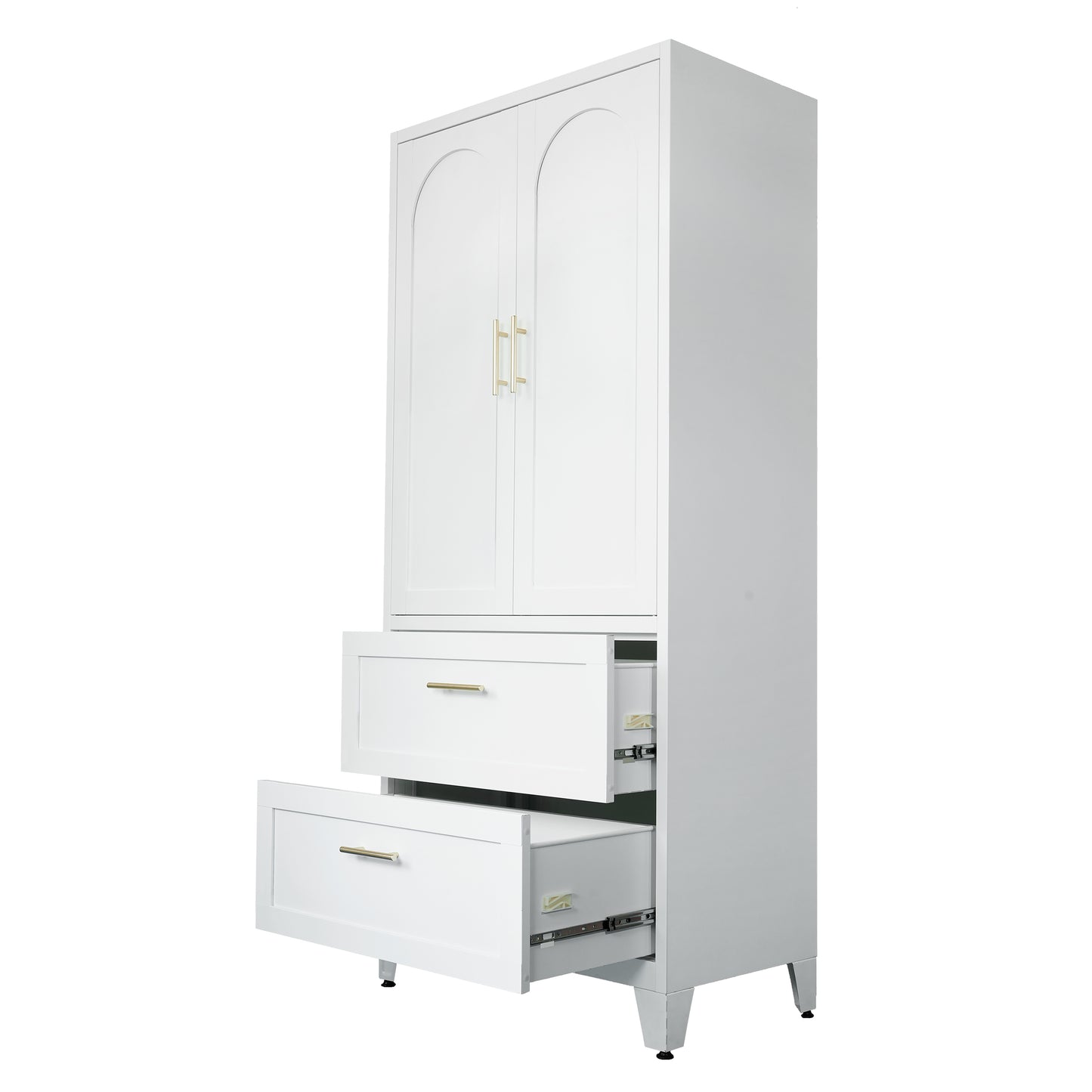 71-Inch Tall Metal Wardrobe Cabinet with 2 Drawers & Hanging Rod - White