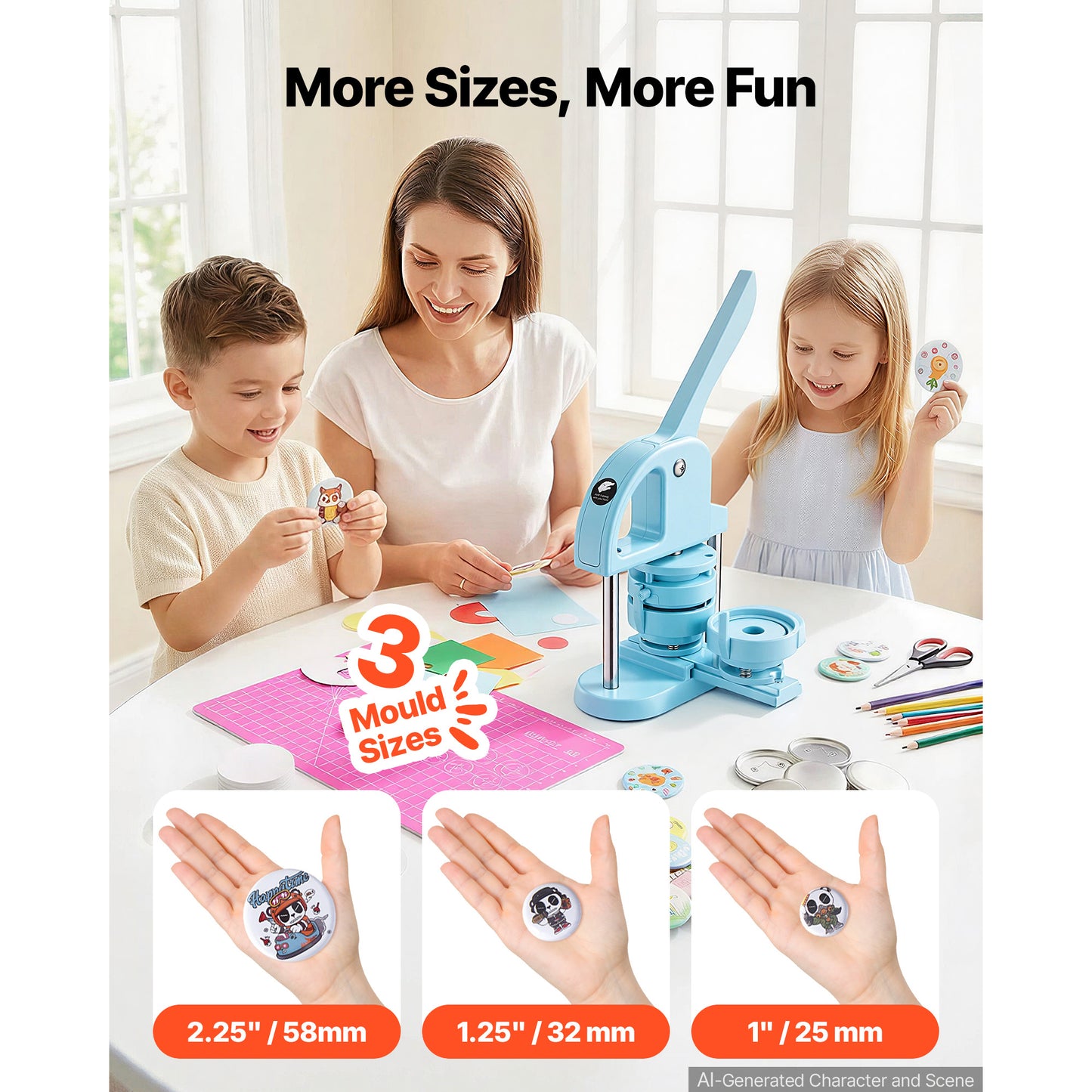 Button Maker Machine 1/1.25/2.25 Inch with 300 Button Parts, Circle Cutter & Handle
