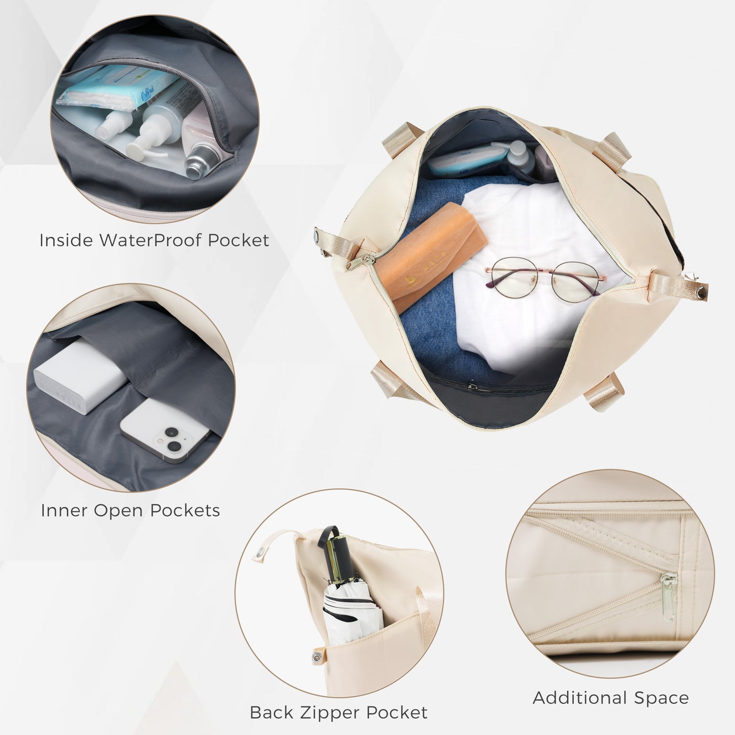 3-Piece Hard Case Luggage Set - 24in Suitcase, Travel Duffel & Toiletry Bag - Ivory & Gold