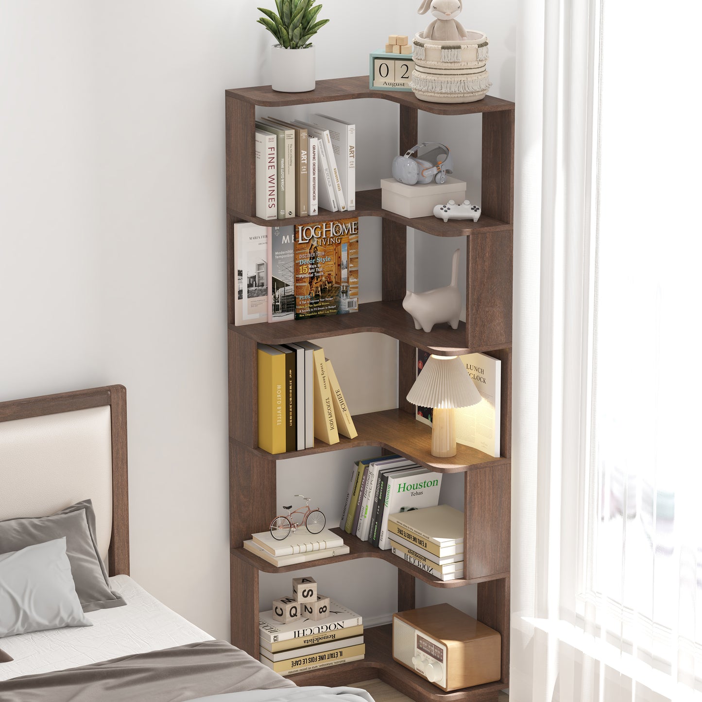 6 Tier Freestanding L-Shaped Corner Bookshelf For Living Room,