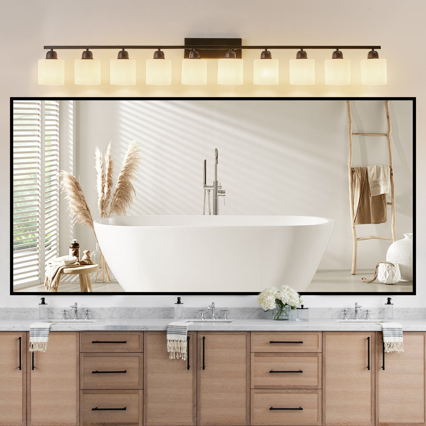10-Light Bathroom Vanity Light Fixture - Matte Black with White Shades