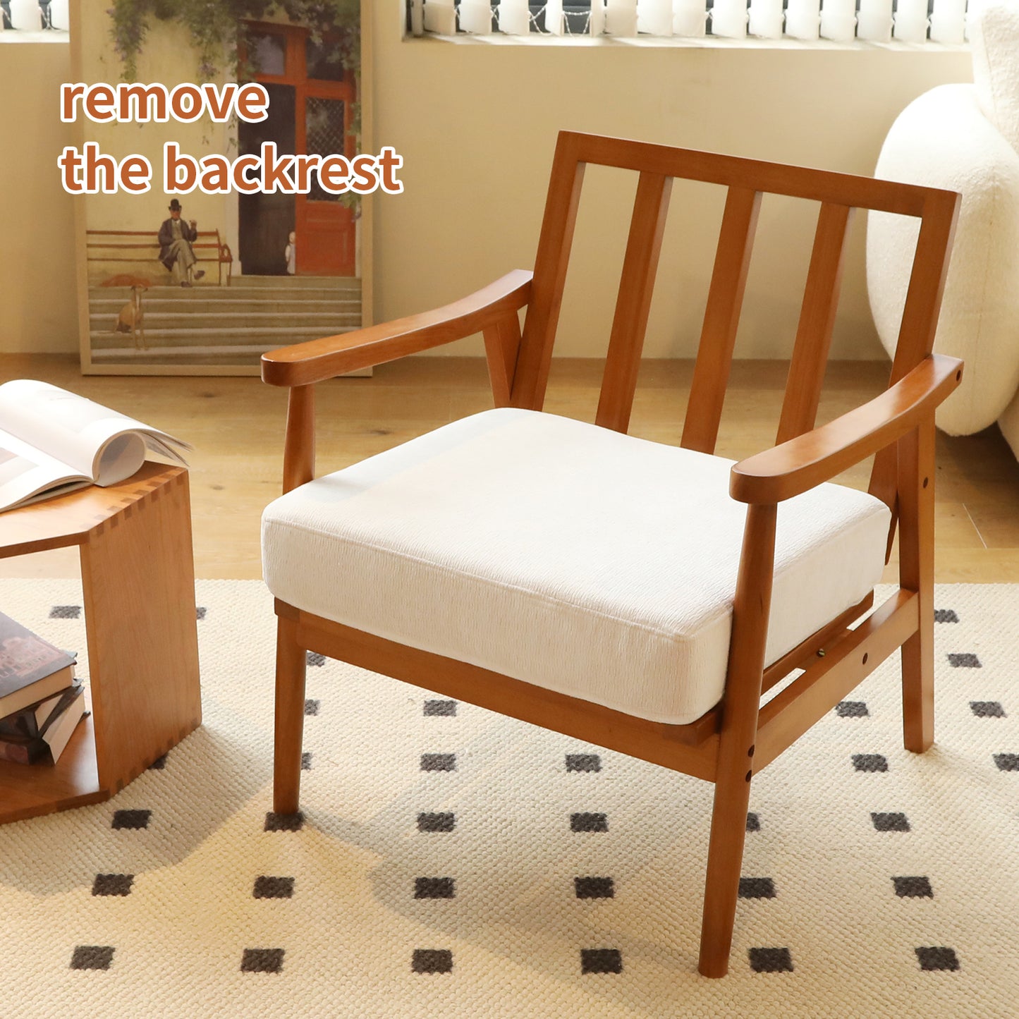 Accent Chair with Solid Wood Frame - White Fabric Cushion
