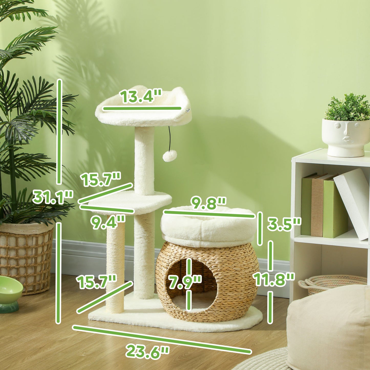 31-Inch Cat Tree Tower with Scratching Posts, Condo, Beds & Toy Ball - Cream White