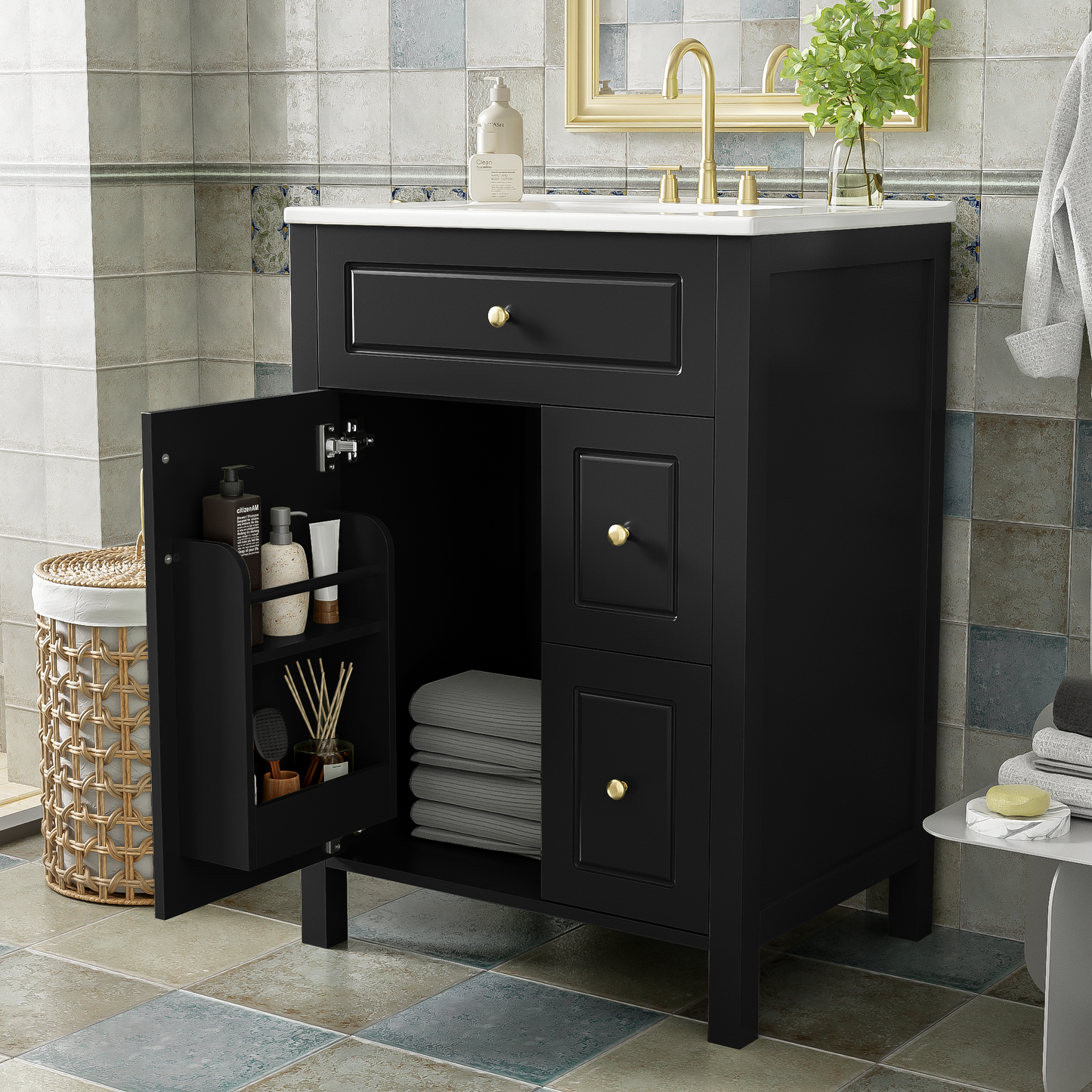 24-Inch Bathroom Vanity with Ceramic Sink and Soft Close Doors - Black