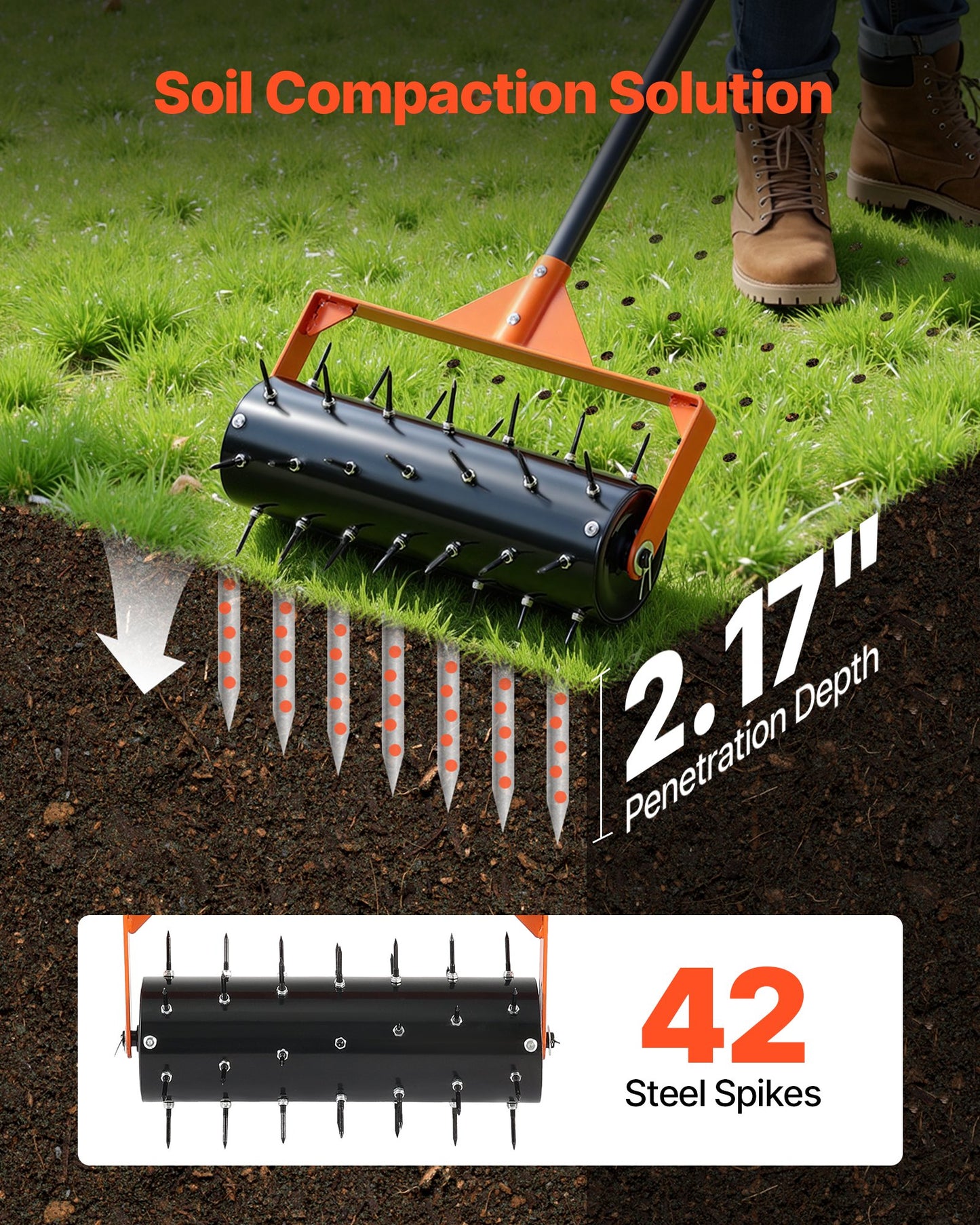 Manual Lawn Aerator Roller with 42 Steel Spikes & Fillable Drum - Heavy-Duty Garden Tool