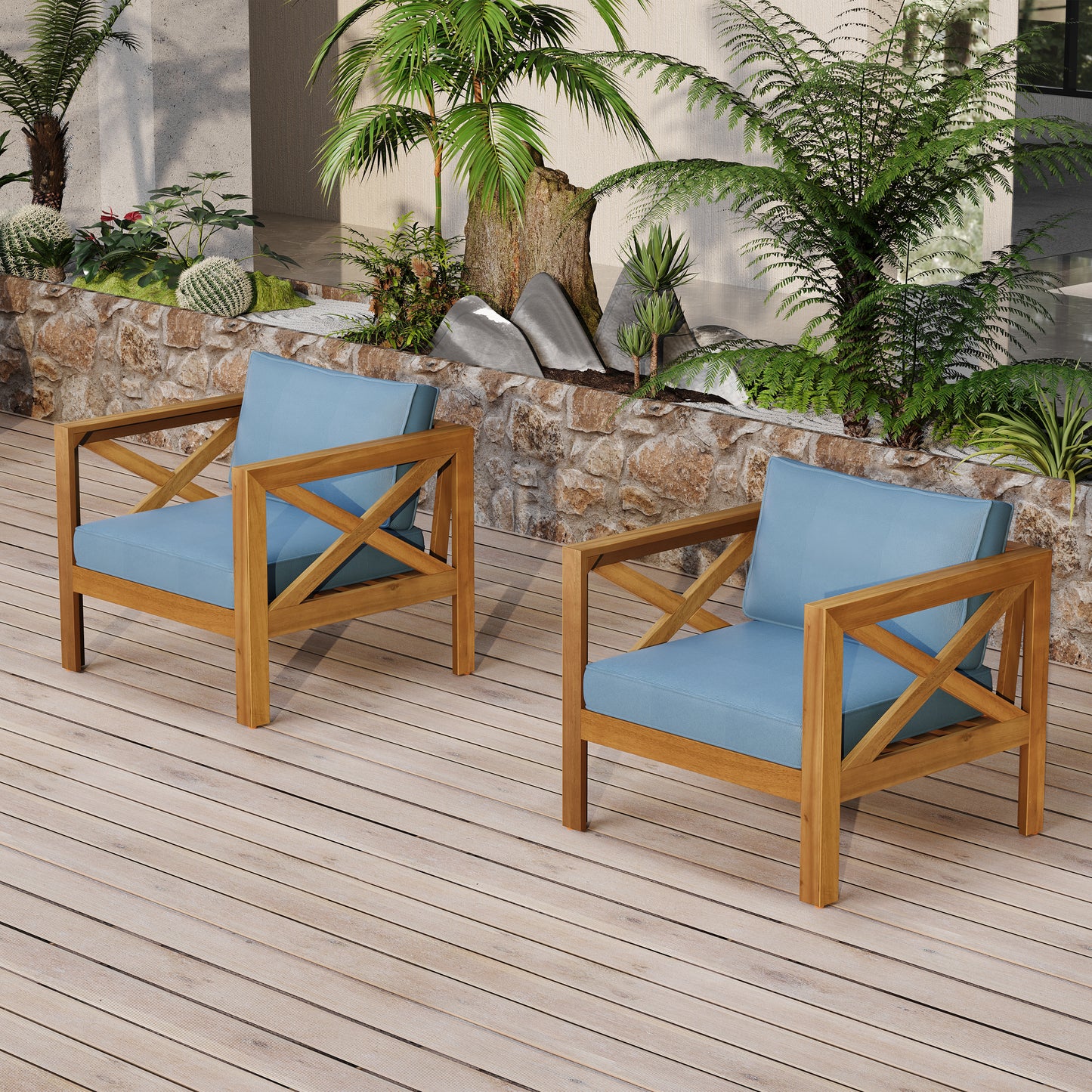 Outdoor Acacia Wood Club Armchair Set with Cushions - Blue Teak