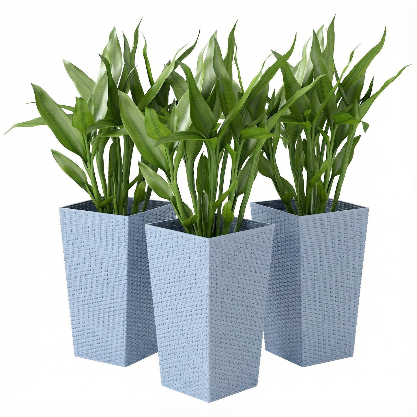 Tall Outdoor Plant Planters Set of 3 - 24 Inch Rattan-Style Flower Pots with Drainage Holes, Light Gray