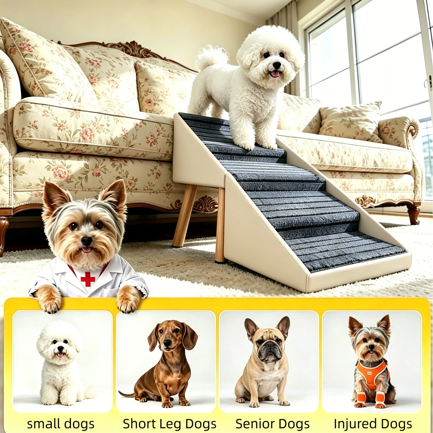 Foldable 2-in-1 Dog Stairs and Ramp for Couch and Bed - Beige, 18.89"