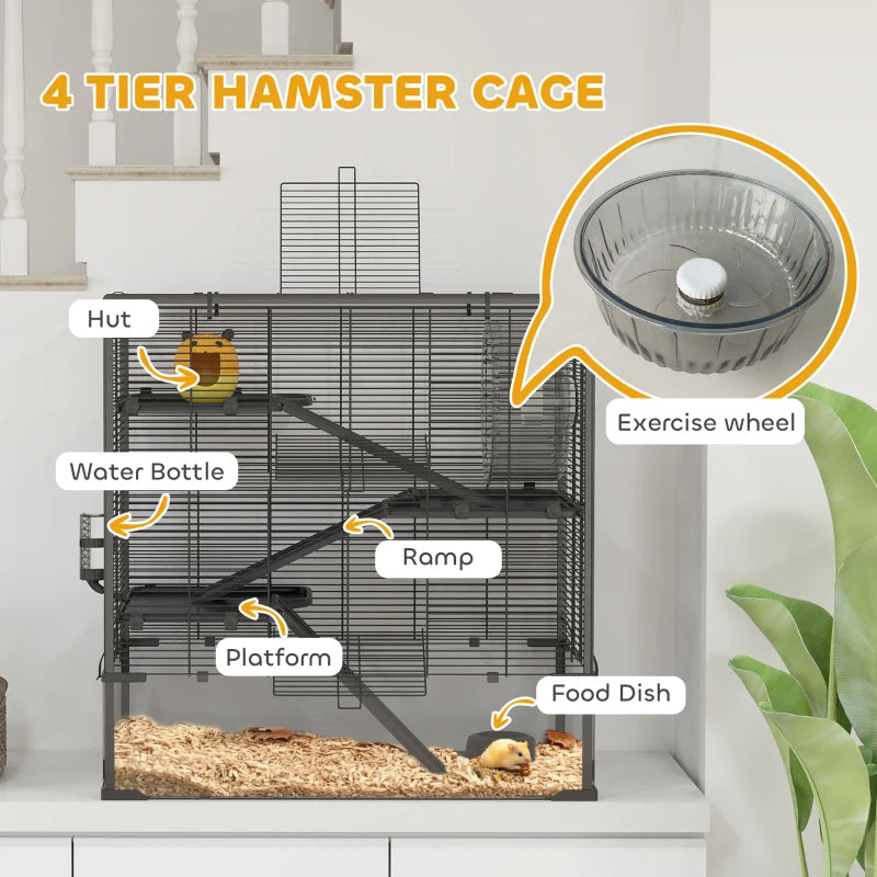 Multi-Level Hamster Cage with Tempered Glass Bottom, Running Wheel & Hut