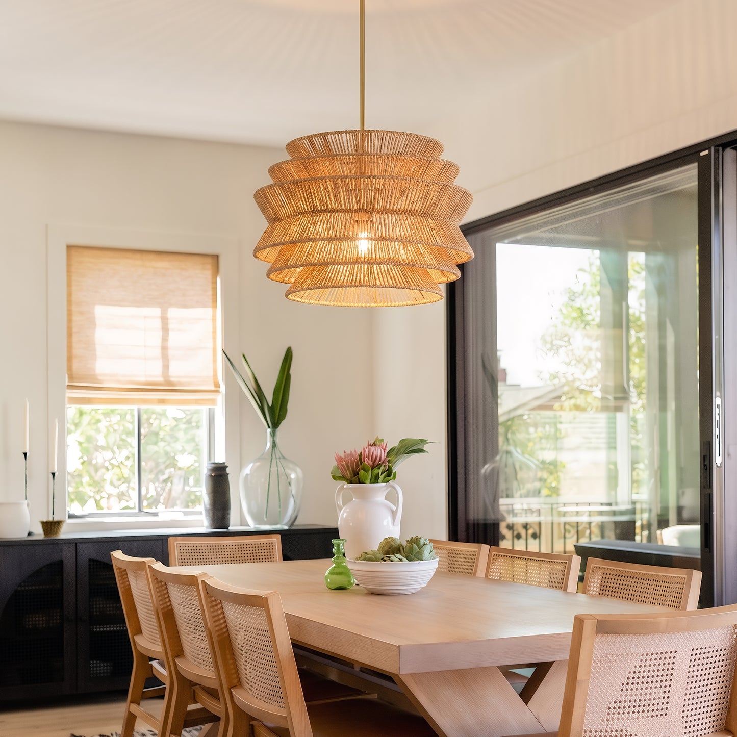 17.3-Inch Hand-Woven Rattan Pendant Light for Dining & Living Room - Rustic Coastal Ceiling Chandelier