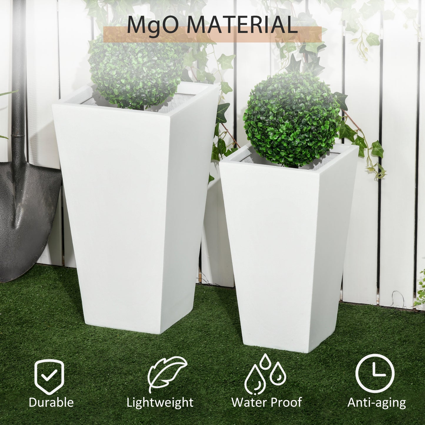 Outdoor Plant Pot Set with Drainage Holes - Large White Garden Planters, Stackable, 18in & 22in