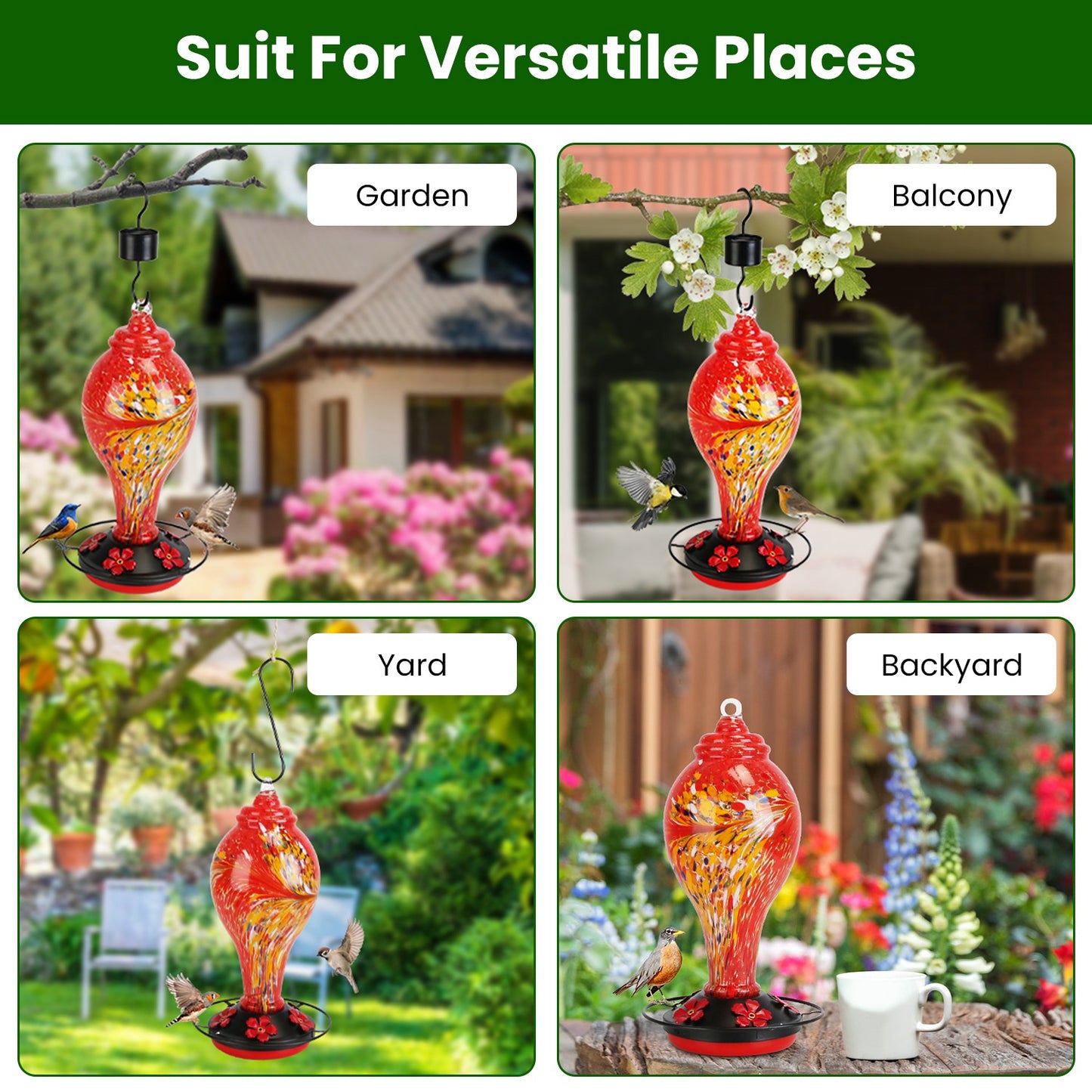 Glass Hummingbird Feeder 33OZ with 5 Flower Feeding Ports & Ant Moat - Garden Decor