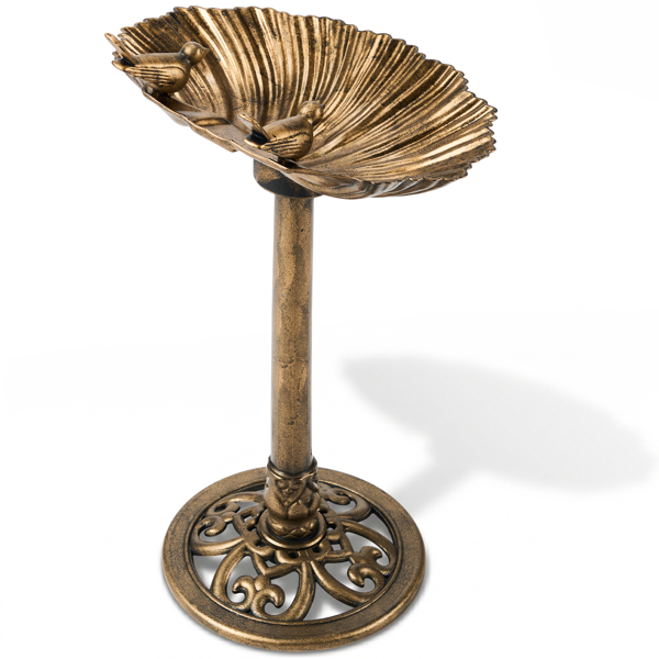 Antique Bronze Resin Bird Bath with Shell Edge and Solar Fountain - Outdoor Garden Decor