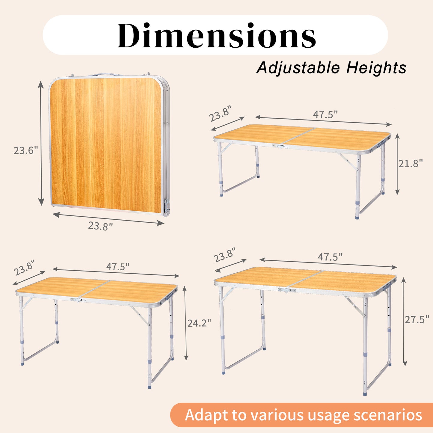 4FT Adjustable Height Folding Table - Portable Aluminum Utility Table