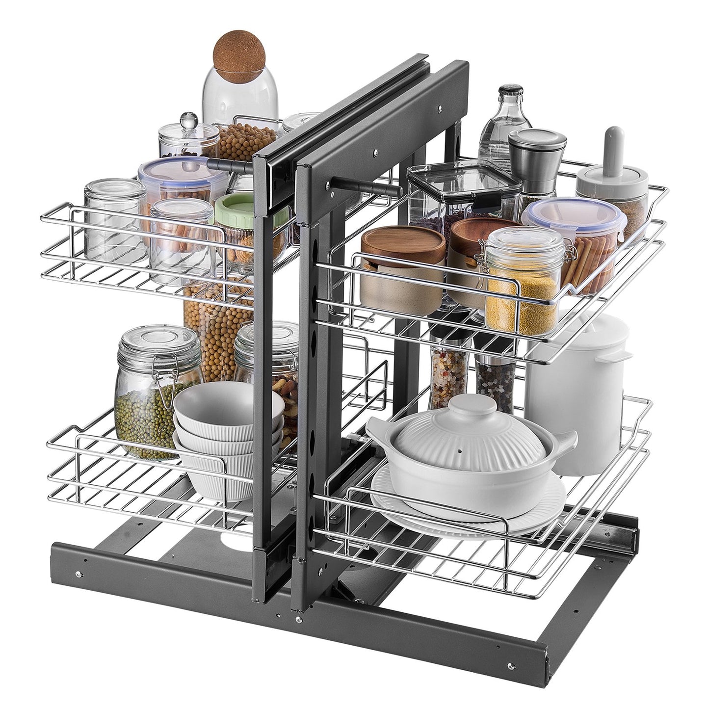 Blind Corner Pull-Out Organizer - 2 Tier Chrome Kitchen Basket