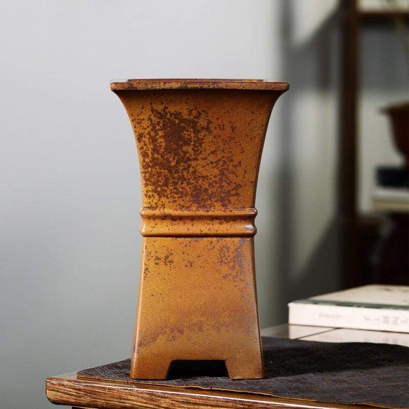Wood-Fired Square Clay Orchid Pot with Waist Girdle - Home Garden Decor