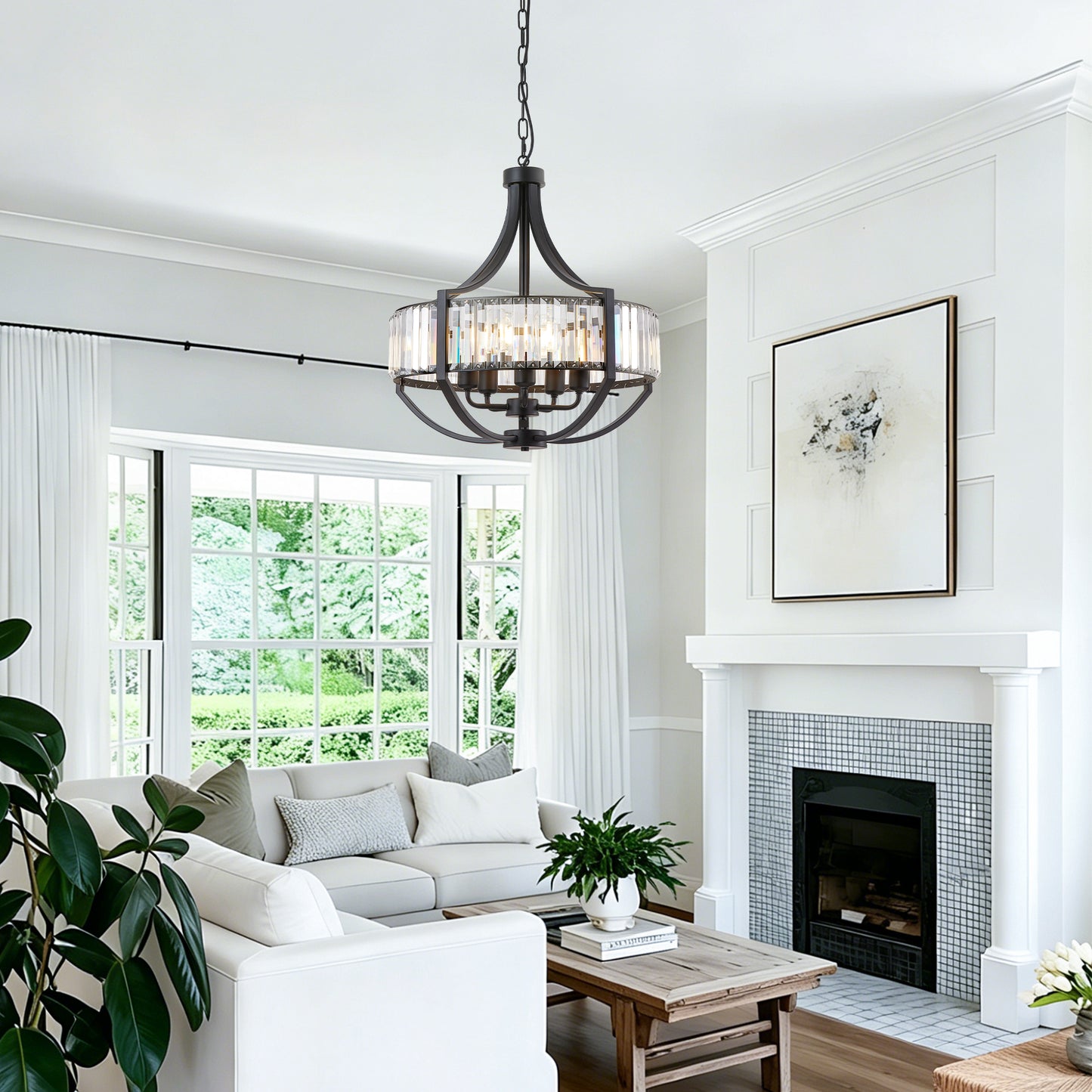 Black Farmhouse Crystal Pendant Chandelier - Modern 5-Light Ceiling Light Fixture