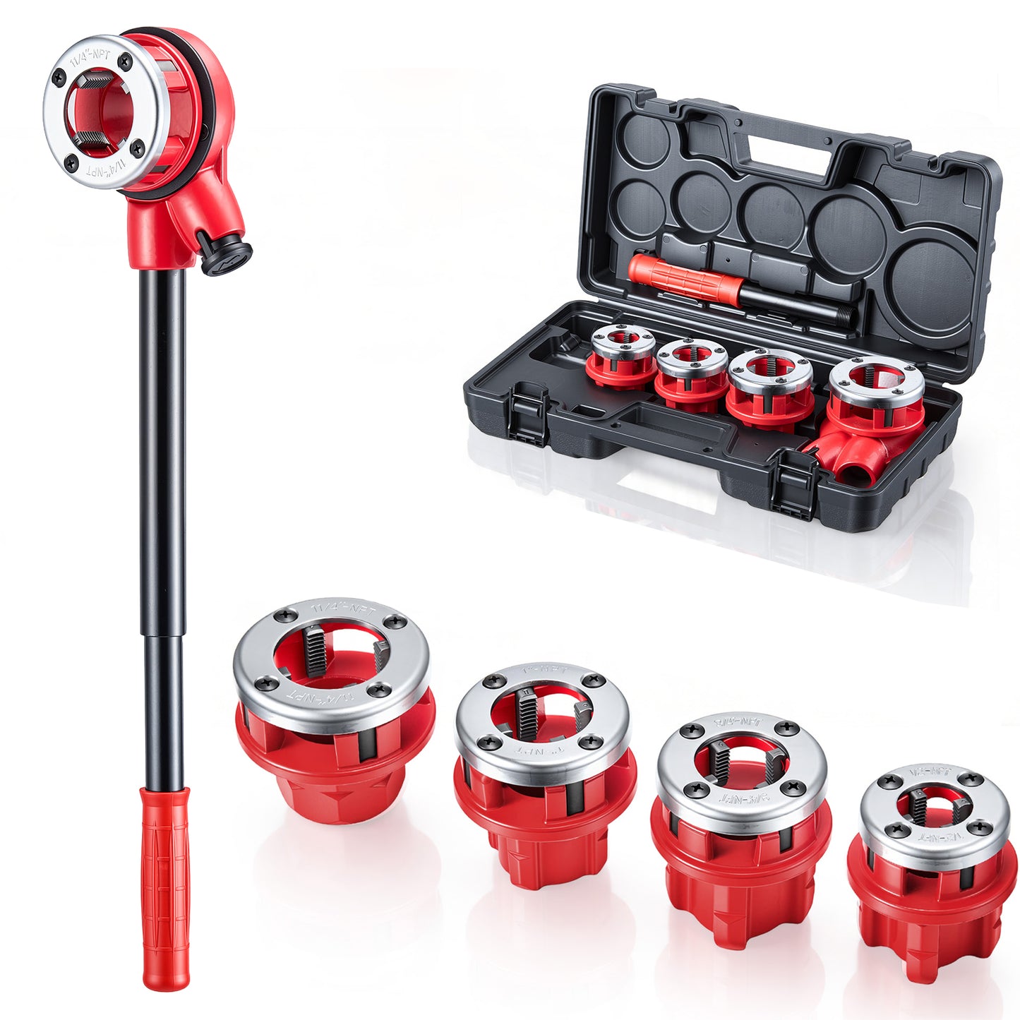 Pipe Threader Kit with 4 Dies 1/2, 3/4, 1, 1-1/4 Inch NPT Manual Ratchet Pipe Threading Tool