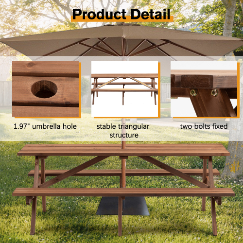 8-Person Brown Wooden Picnic Table with Benches - 2220lb Capacity