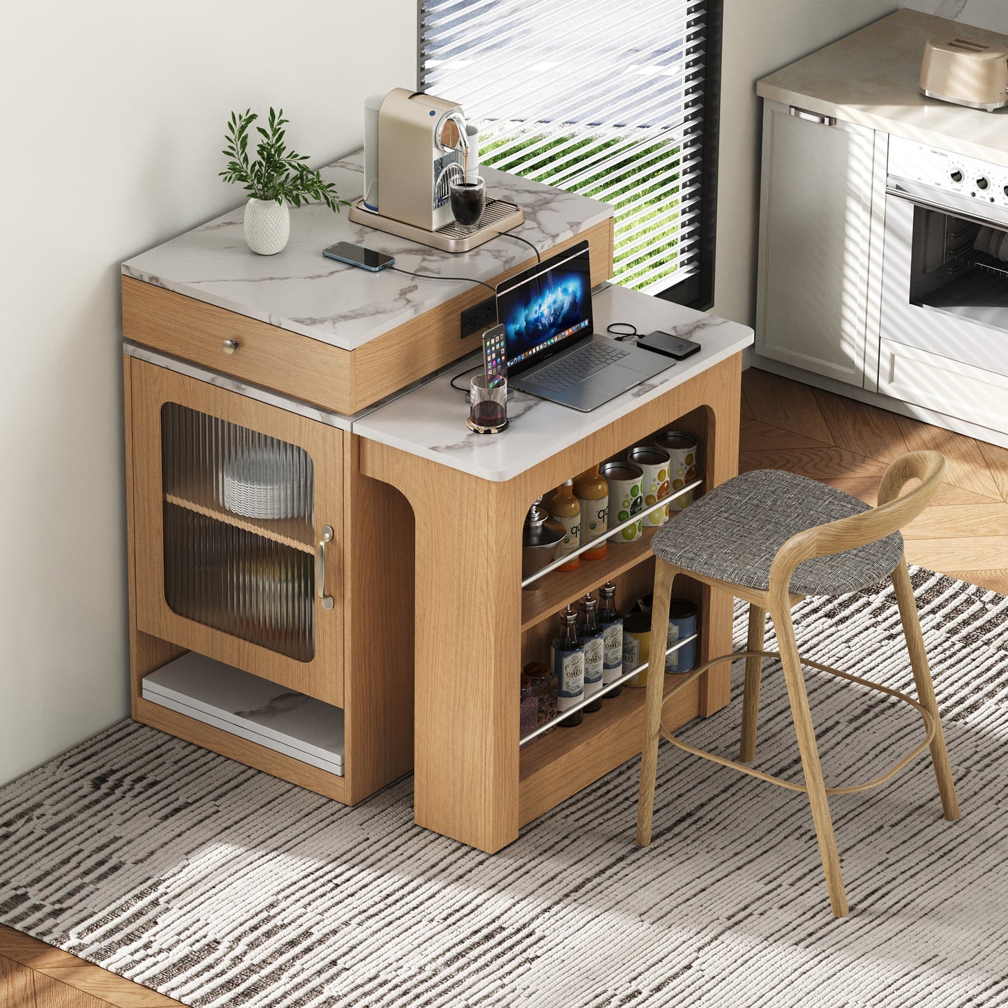 59.5 Kitchen Island With Extendable Dining Table,Kitchen Storage