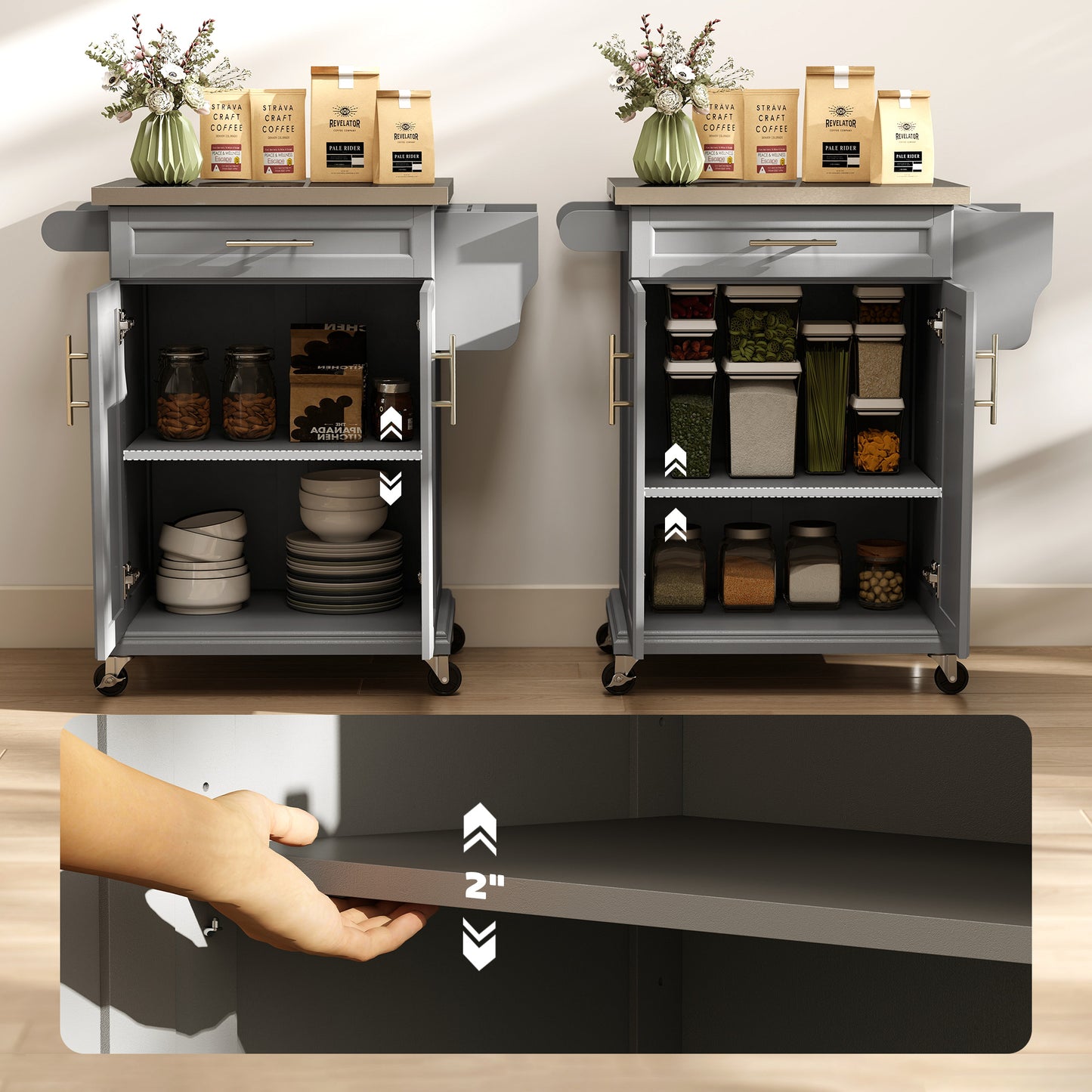 Kitchen Island on Wheels, Rolling Cart with Stainless Steel