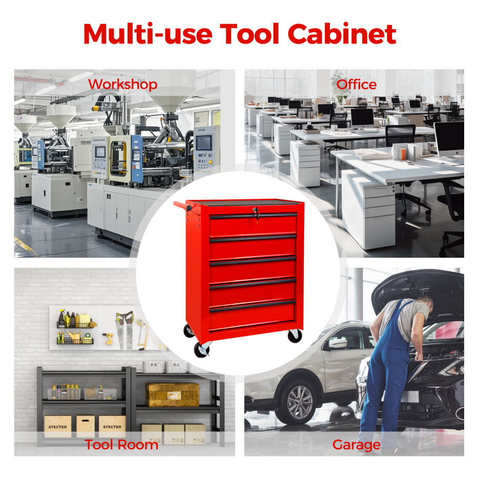 20-Inch Rolling Metal Tool Chest with 5 Drawers - Red