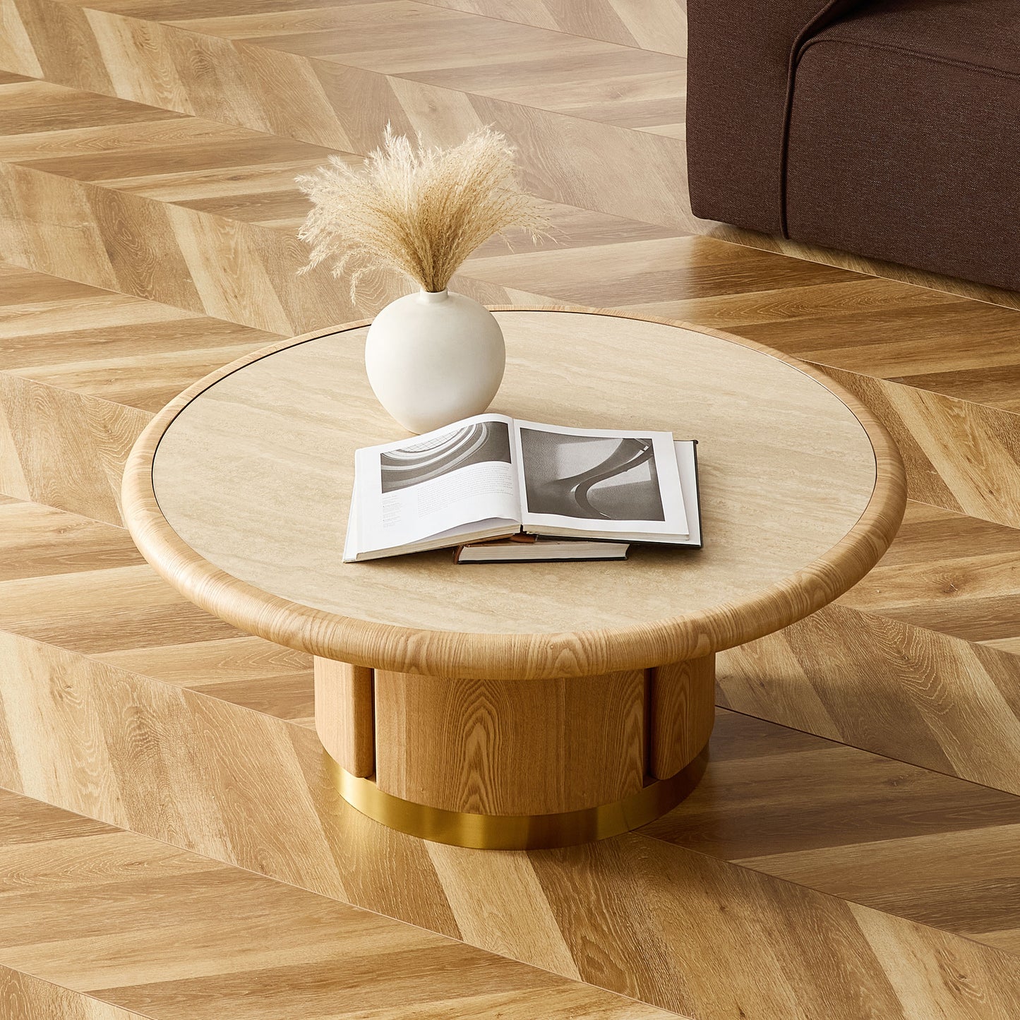 35.43-Inch Round Coffee Table with Sintered Stone Top - Natural