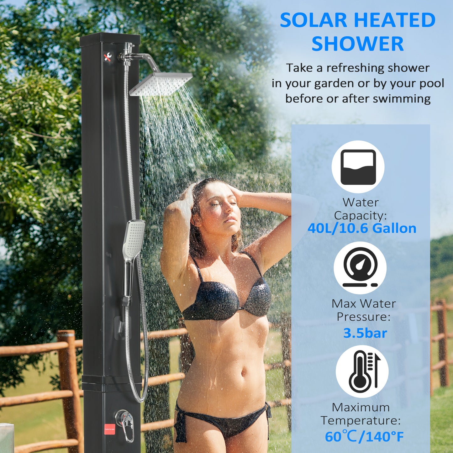 10.6 Gallon Solar Heated Outdoor Shower with Handheld Head