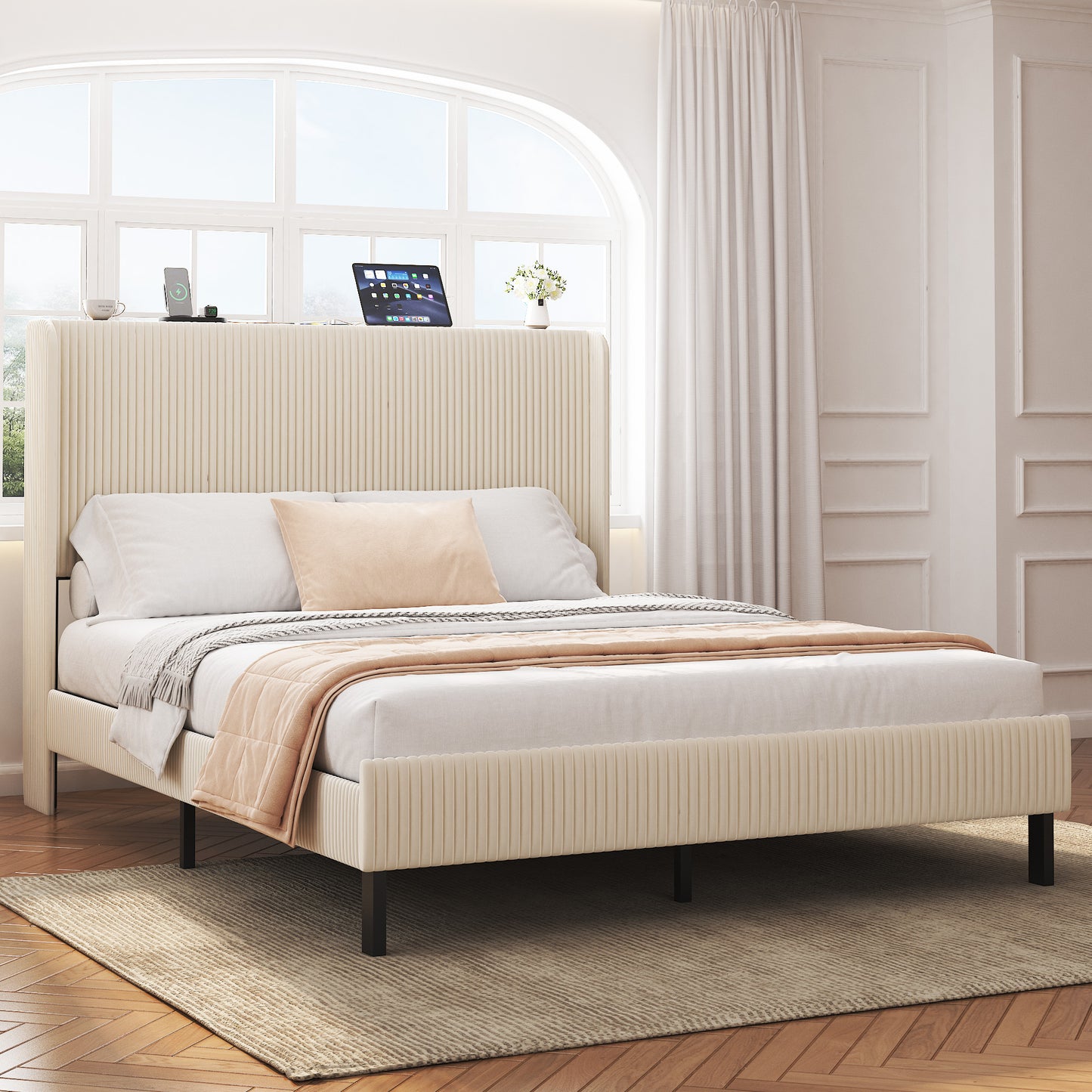 Queen Metal Platform Bed Frame with Charging Station - Beige