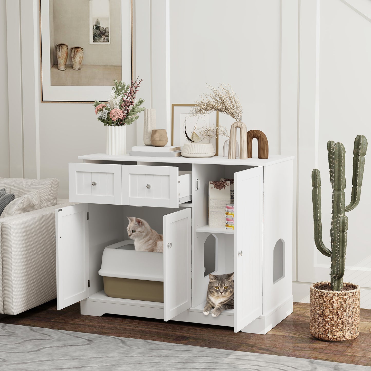 Cat Litter Box Enclosure with Drawers and Storage - White, 39 inch