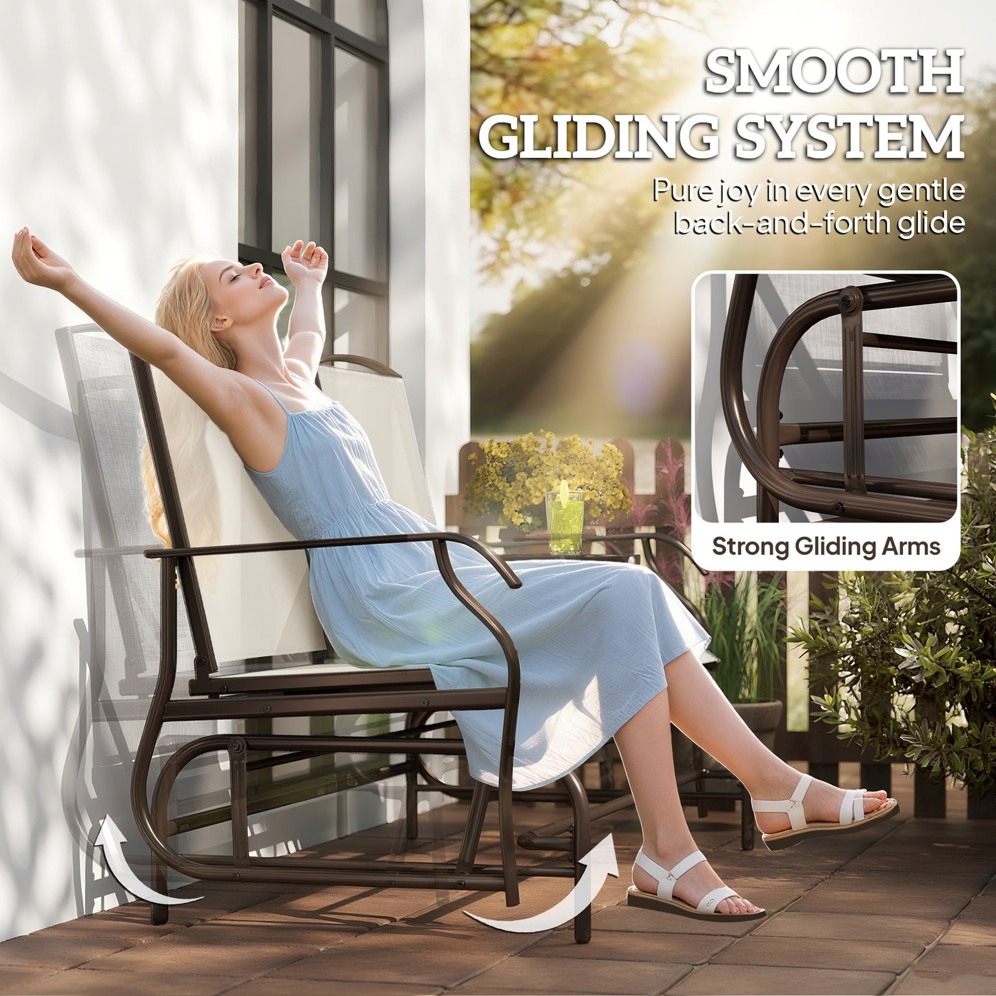 Two-Person Outdoor Glider Bench with Center Table - Beige