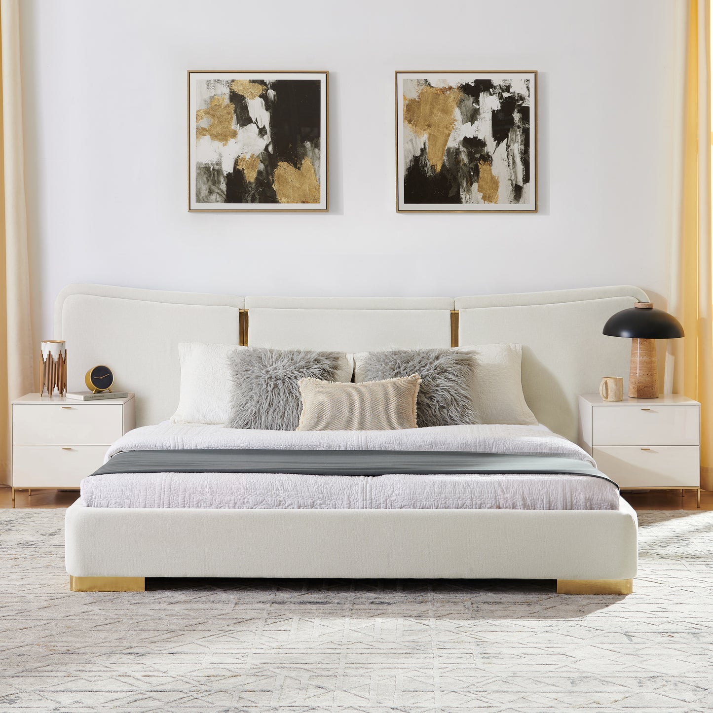 Queen Size Platform Bed with Soft Chenille Fabric Frame - Beige
