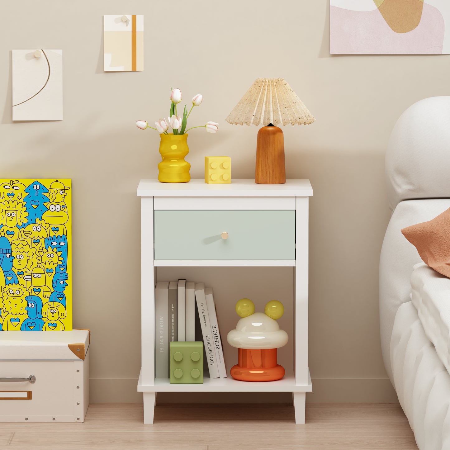 Wooden Nightstand with Drawer and Shelf - White & Green