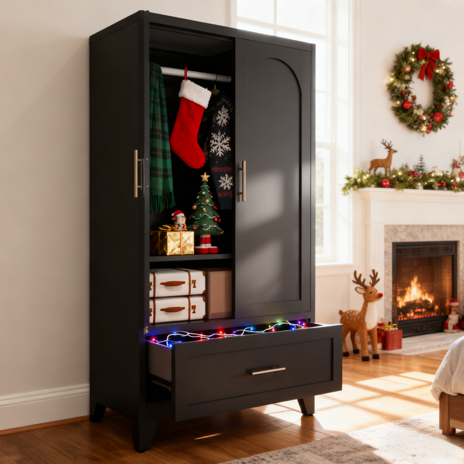 60-Inch Tall Metal Wardrobe Cabinet with Drawer and Shelf - Black