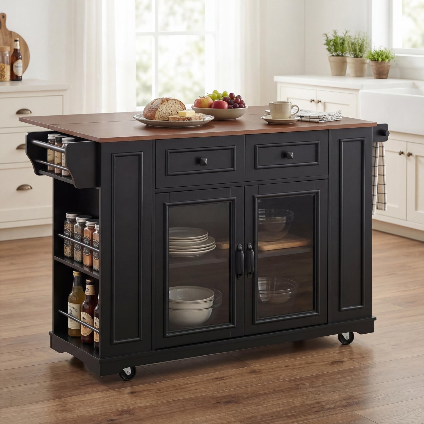 54" Mobile Kitchen Island with Glass Door Storage & Power Outlet